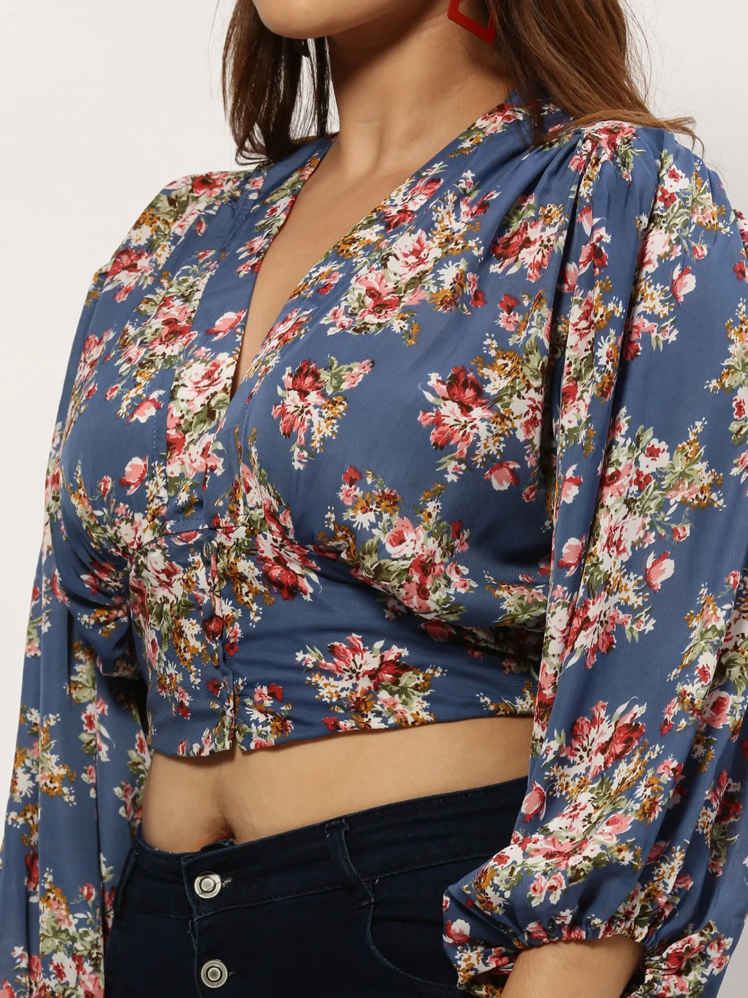 Women Floral Blue Crop Top