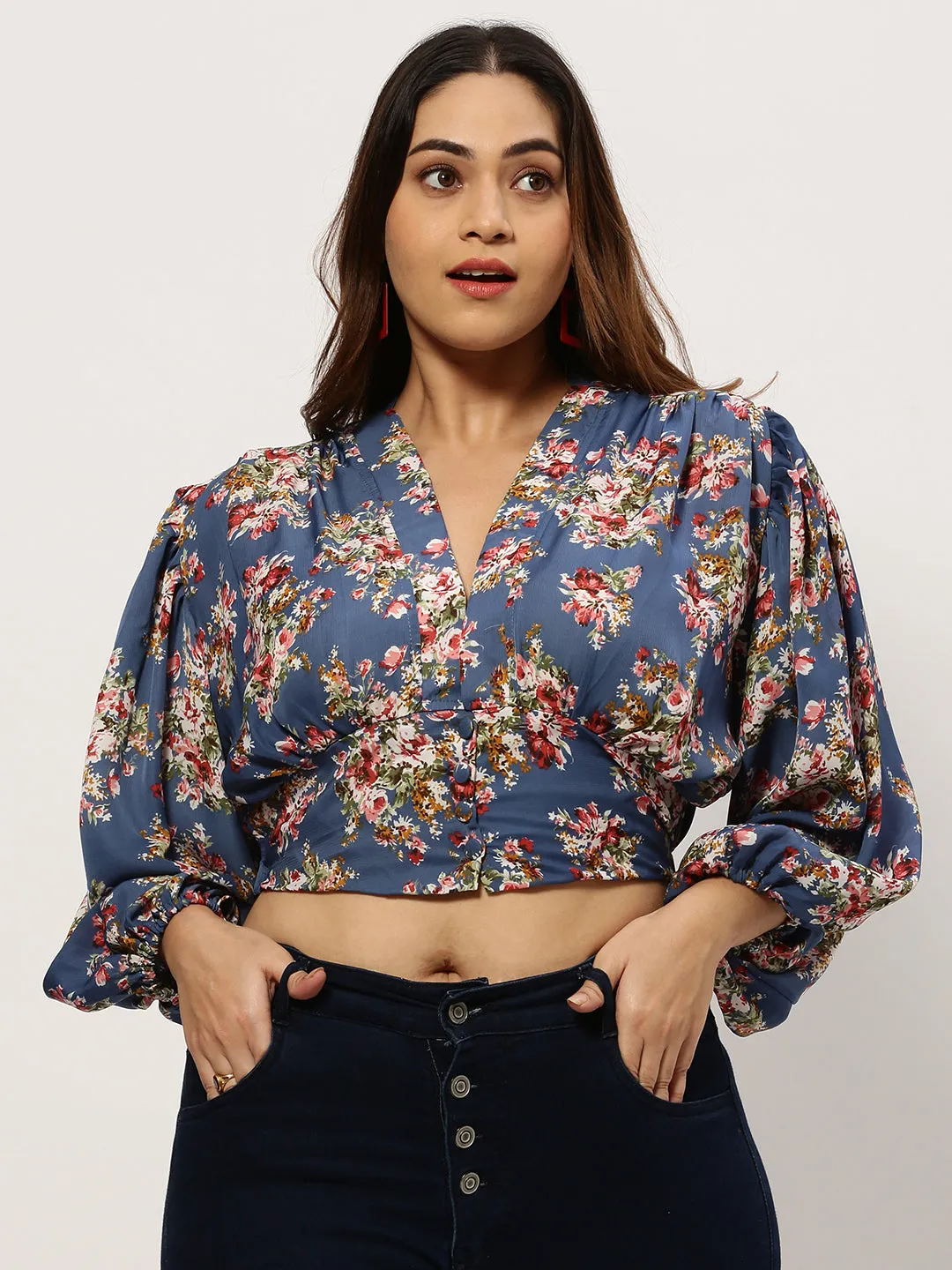 Women Floral Blue Crop Top