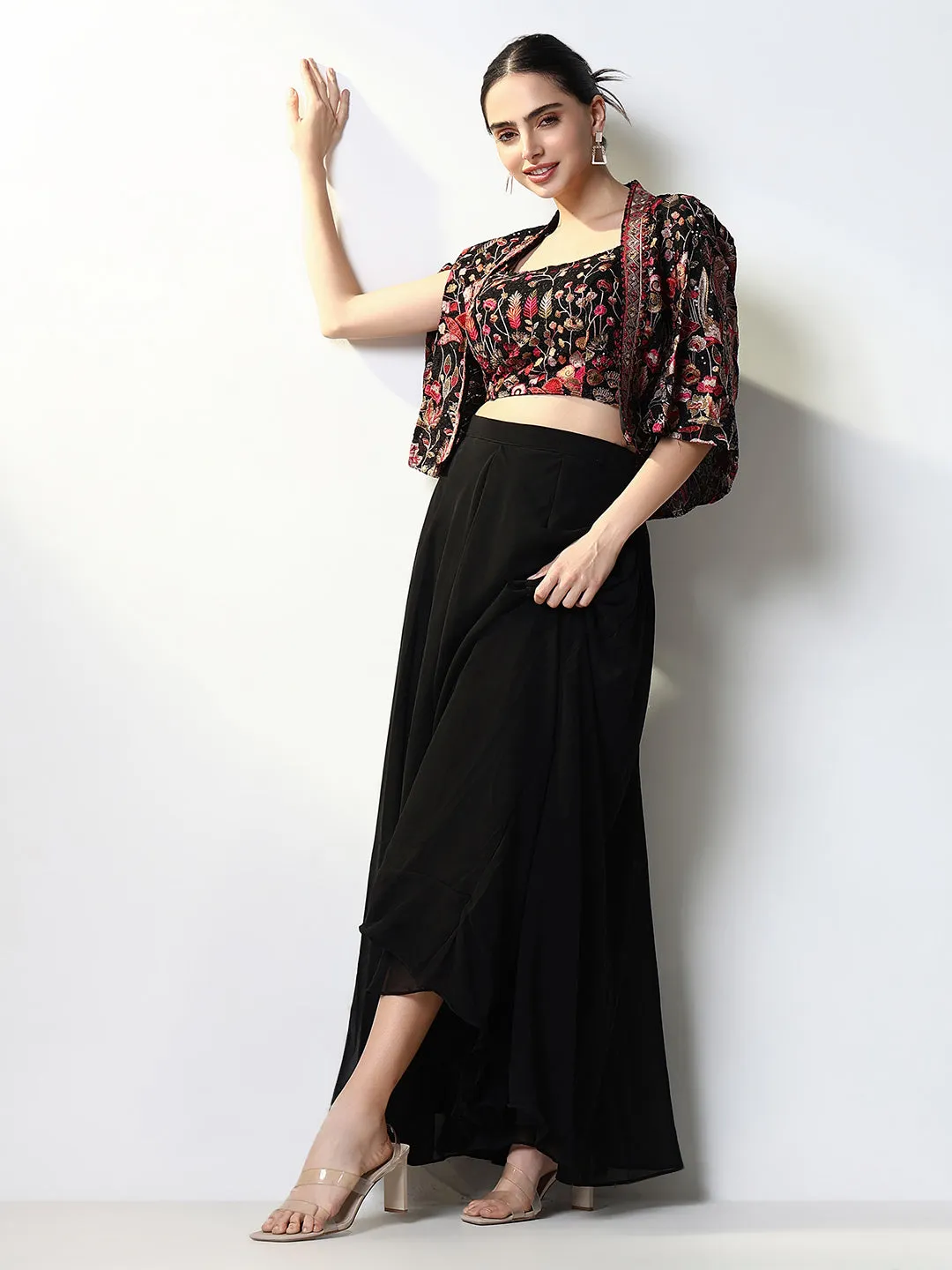 Women Solid Black Indowestern Kurta Set with Overcoat