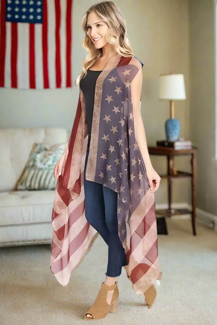 Womens American Flag Kimono, Open Front Cardigan, Sleeveless Vest, One Size, Red/White/Blue