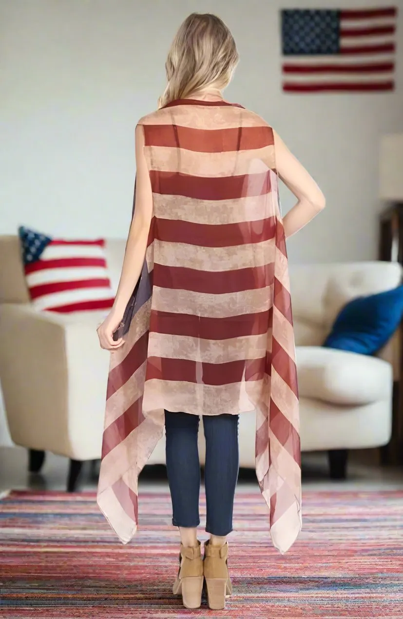 Womens American Flag Kimono, Open Front Cardigan, Sleeveless Vest, One Size, Red/White/Blue