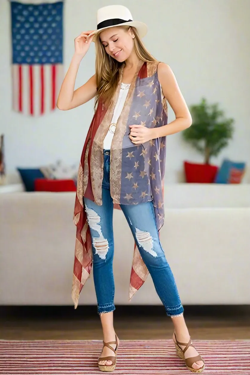 Womens American Flag Kimono, Open Front Cardigan, Sleeveless Vest, One Size, Red/White/Blue