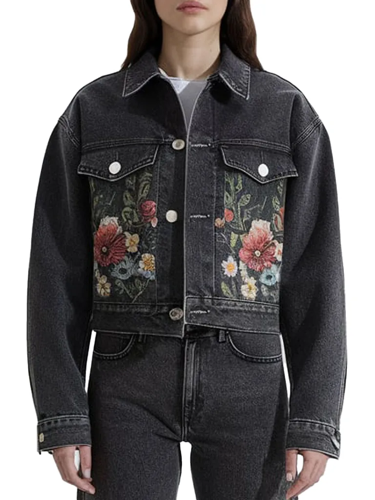 Women's Black Veil Denim Jacket With Floral Embroidery