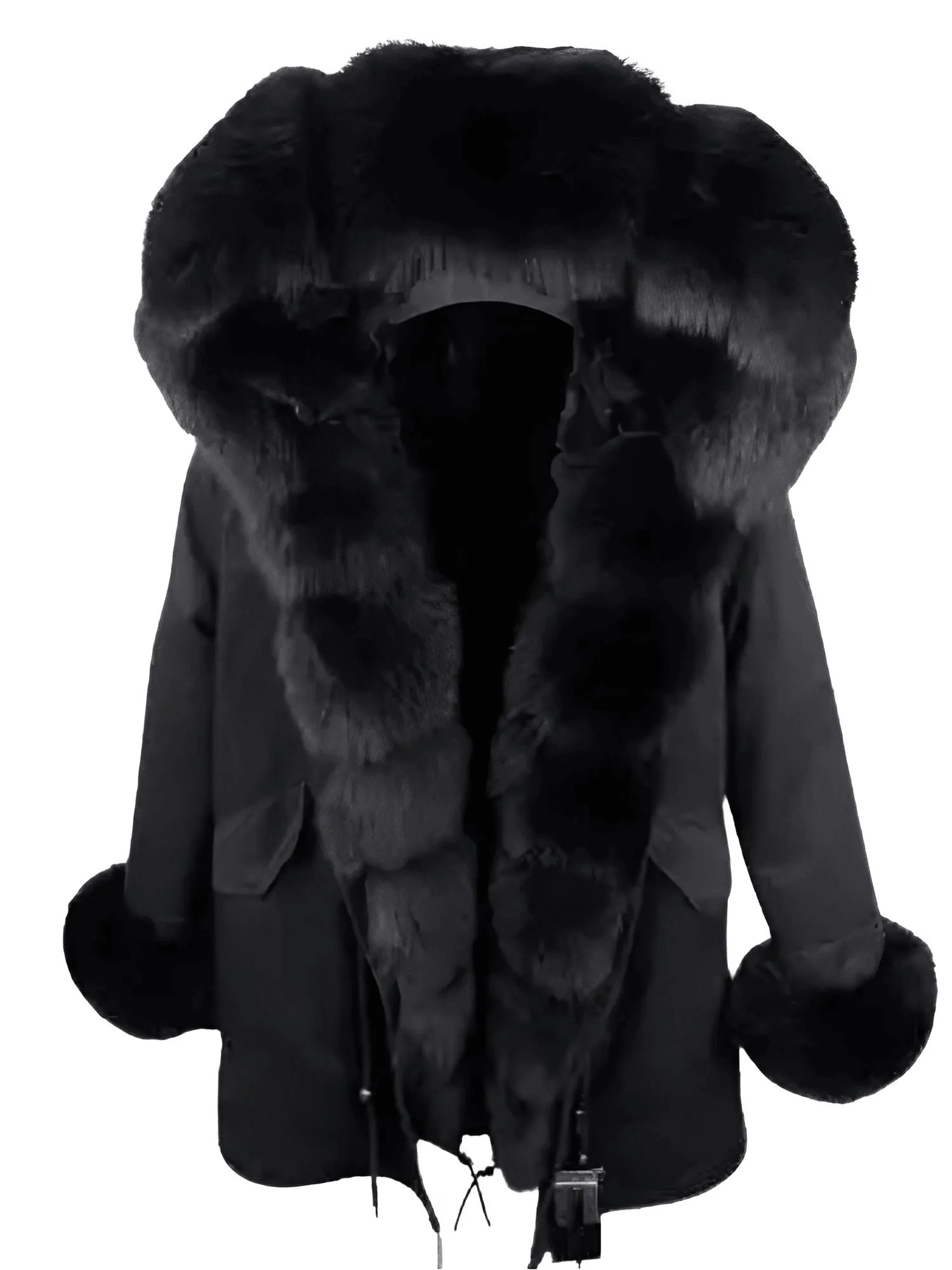 Women's Long Rabbit Fur Parka Real Fur Lining & Real Fox Fur Collar