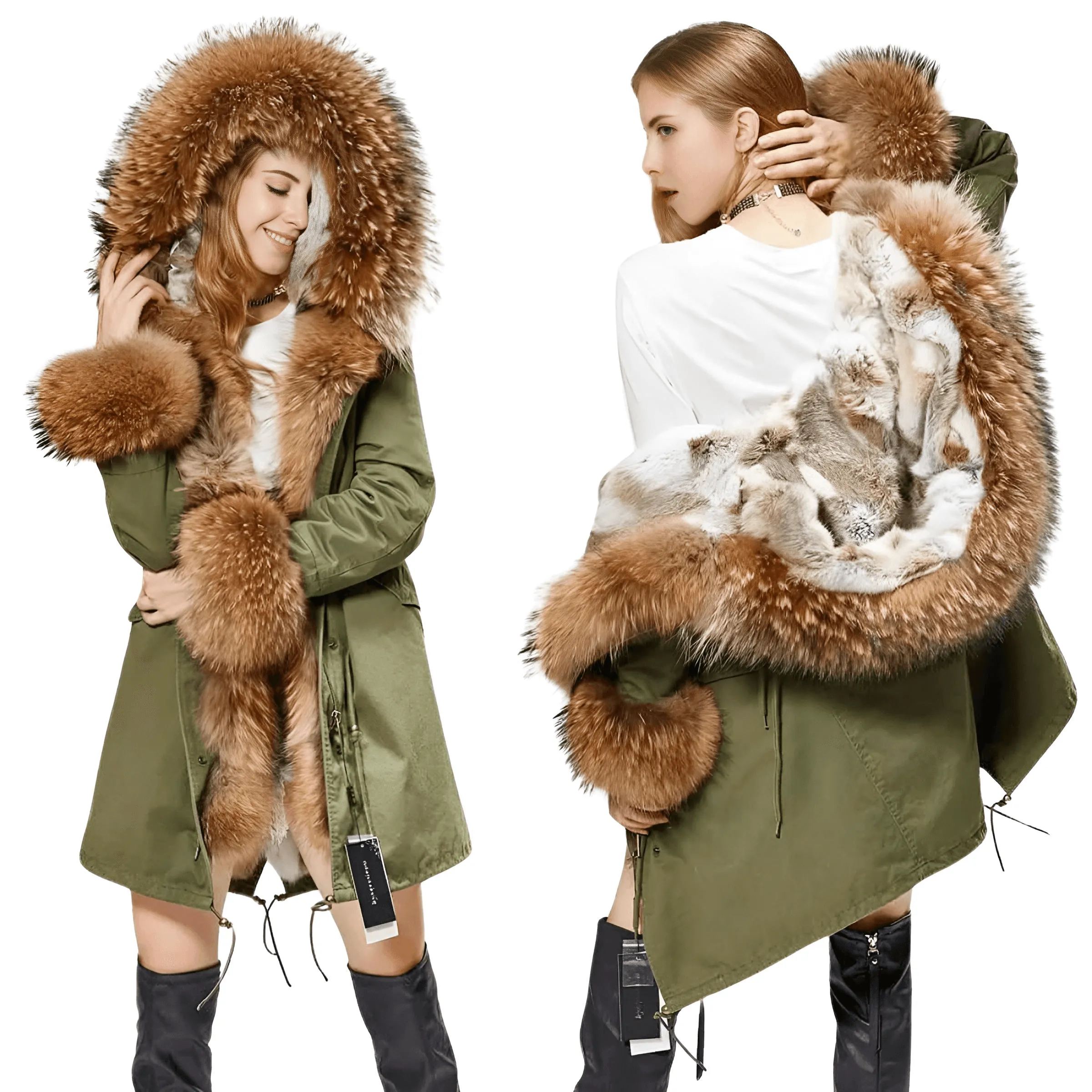 Women's Long Rabbit Fur Parka Real Fur Lining & Real Fox Fur Collar