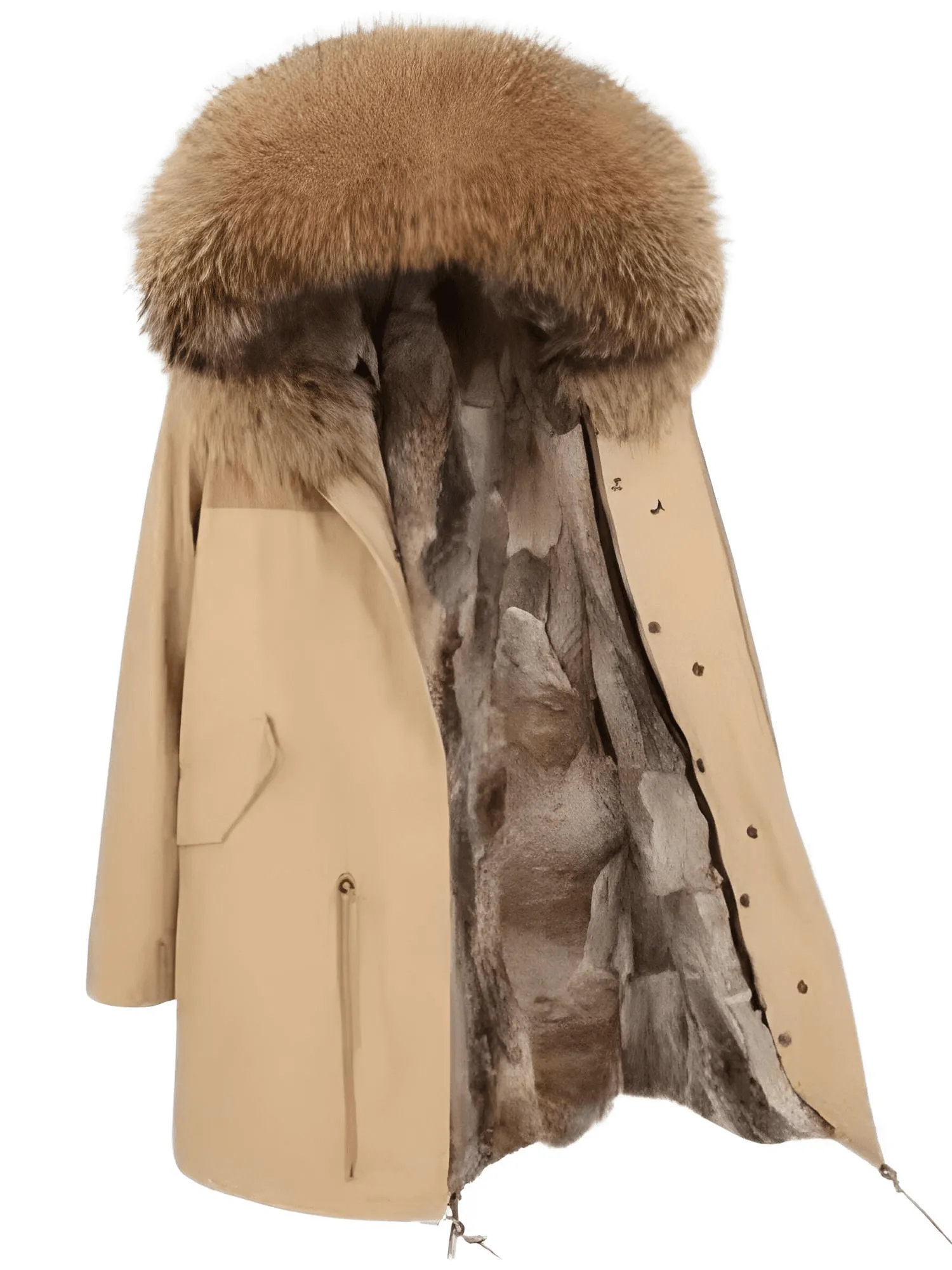 Women's Long Rabbit Fur Parka Real Fur Lining & Real Fox Fur Collar