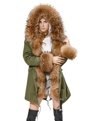 Women's Long Rabbit Fur Parka Real Fur Lining & Real Fox Fur Collar