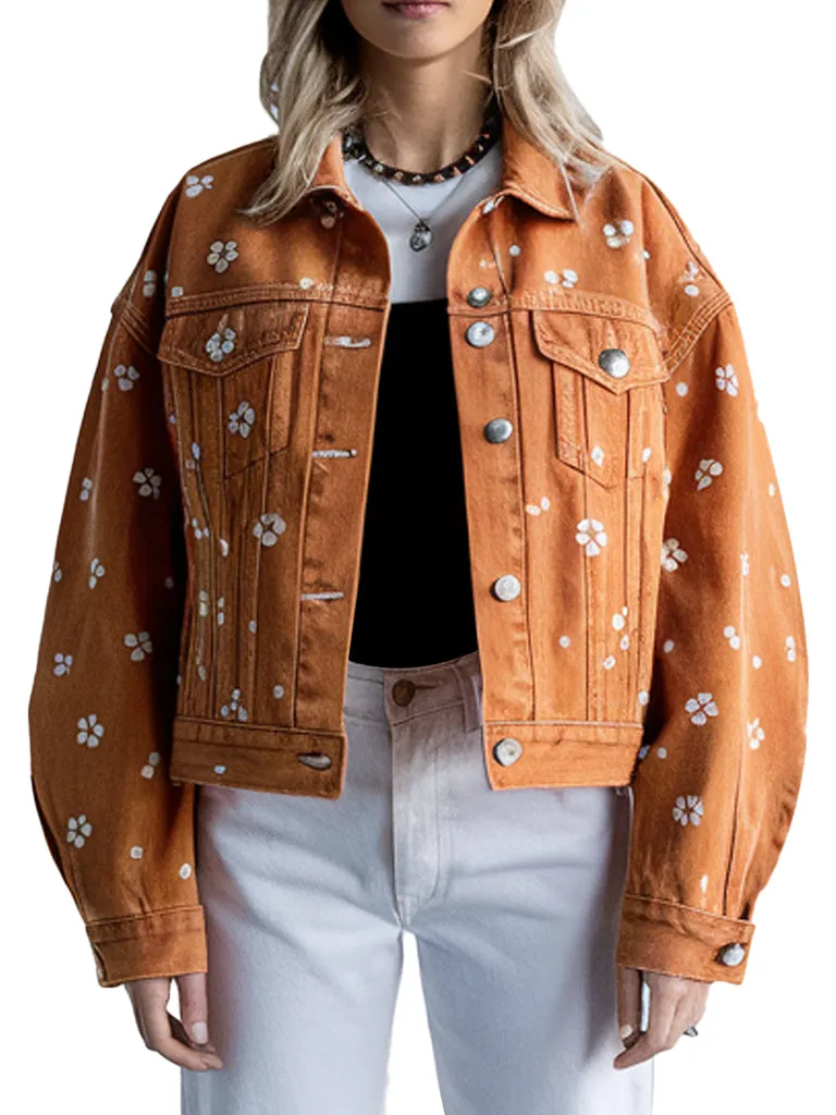 Women's Orange Floral Printed Cropped Denim Jacket