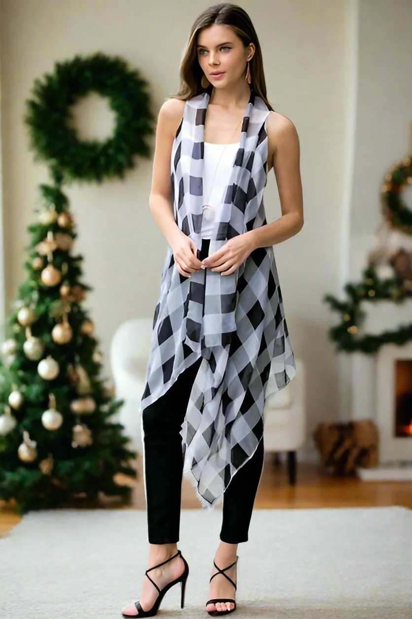 Womens Plaid Kimono, Christmas Cardigan Checked Vest, Size OS, Black/White