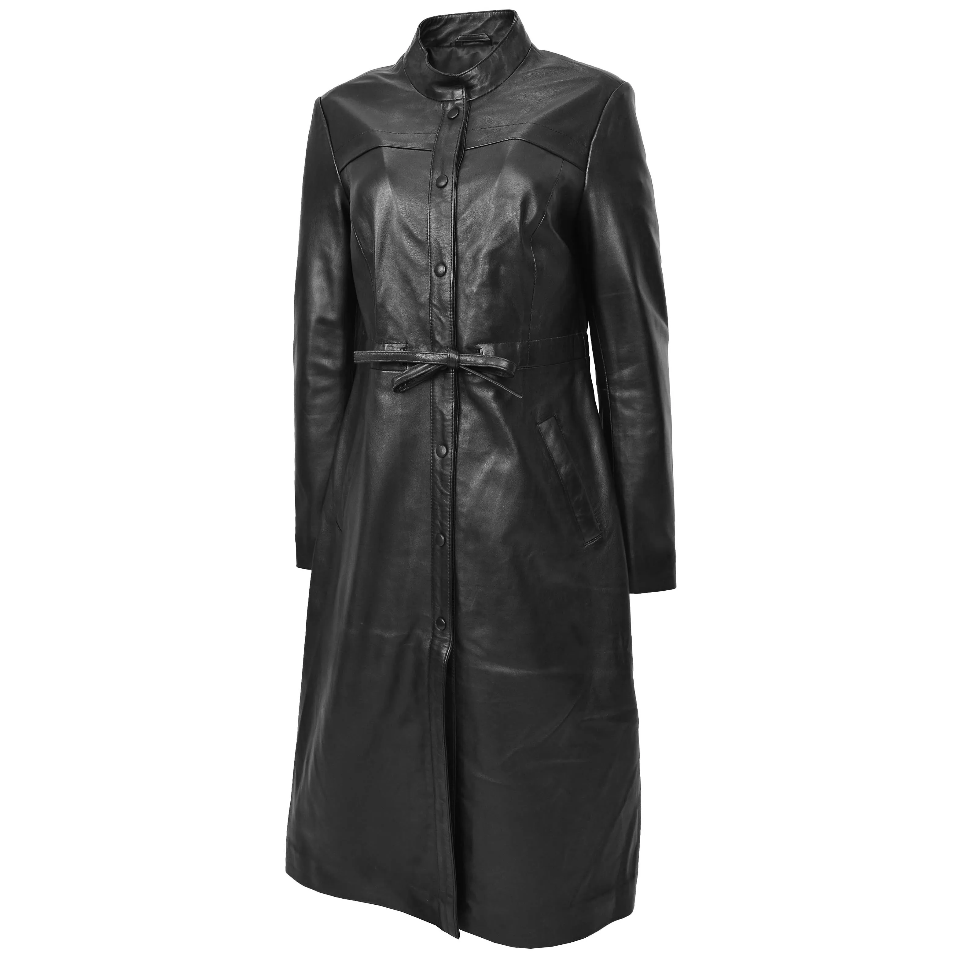 Womens Real Leather Full Length Long Coat Leila Black