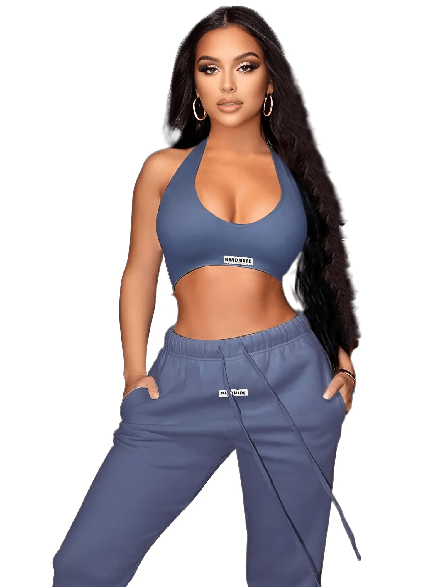 Women's Sporty Halter Crop Top Drawstring Sweatpants Set