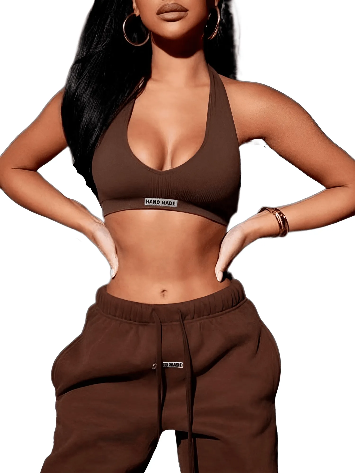 Women's Sporty Halter Crop Top Drawstring Sweatpants Set