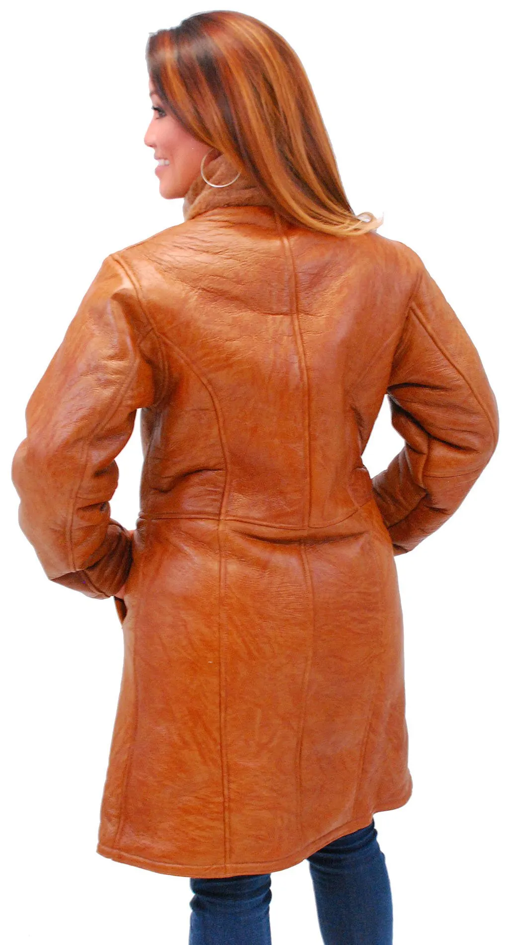 Women's Tan Genuine Sheepskin Fur Lined Trench Coat #L1319HN ()