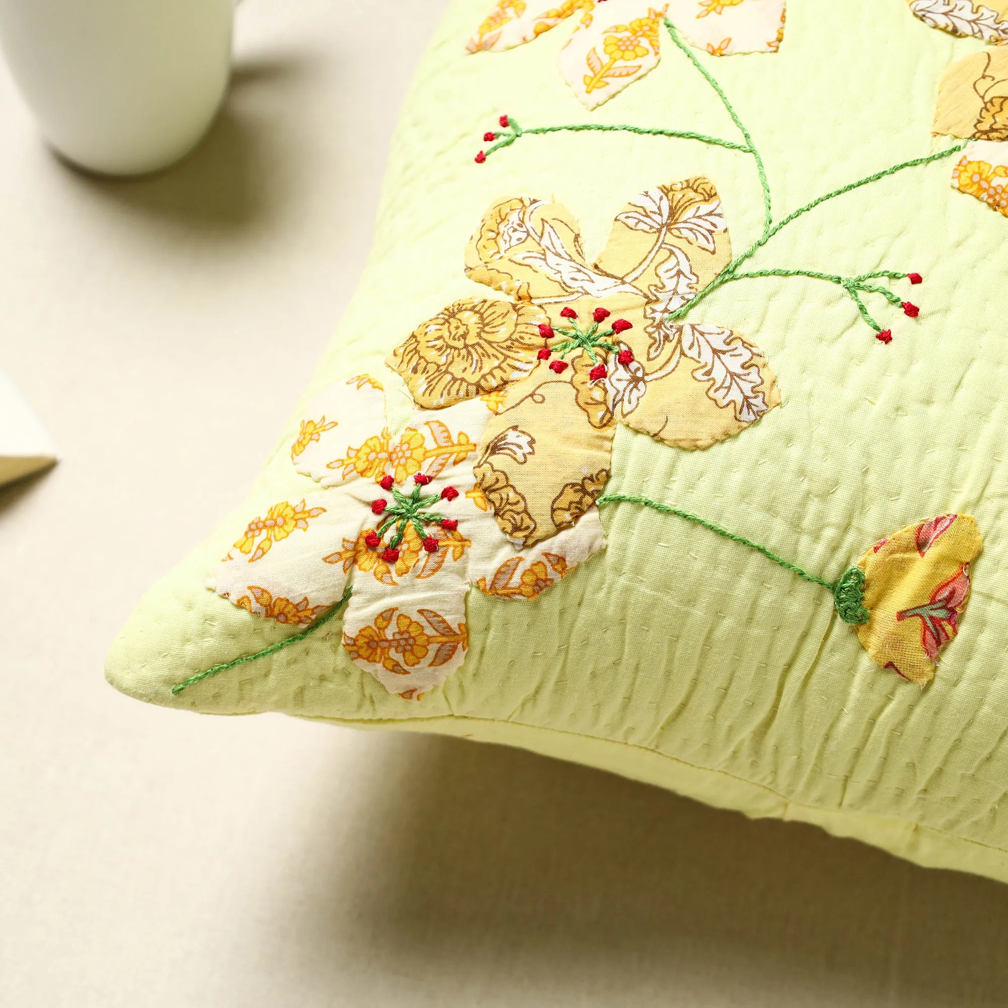 Yellow - Quilted Applique Cushion Cover (16 x 16 in) 05