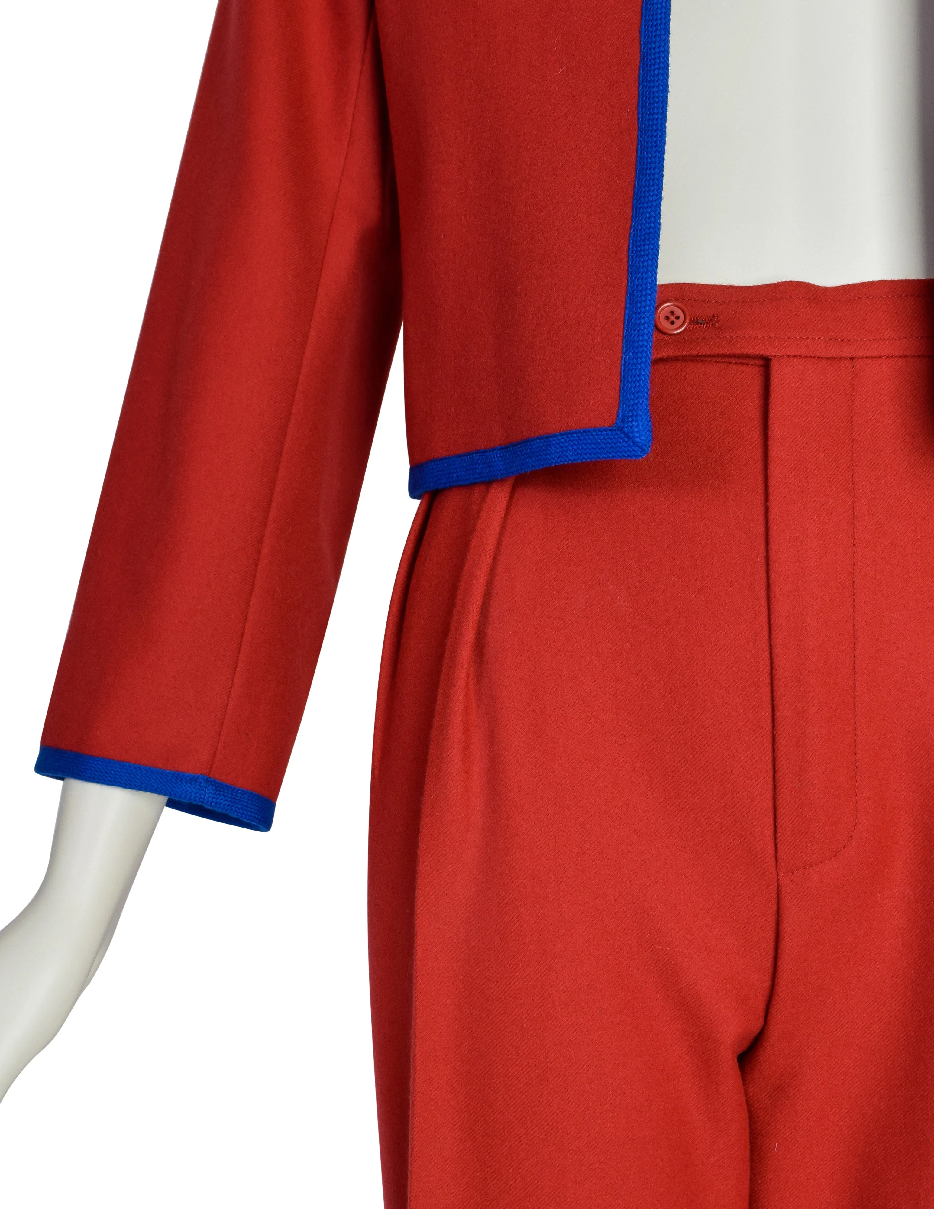 Yves Saint Laurent Vintage Red Wool Blue Trim Two Piece Cropped Jacket Pant Suit