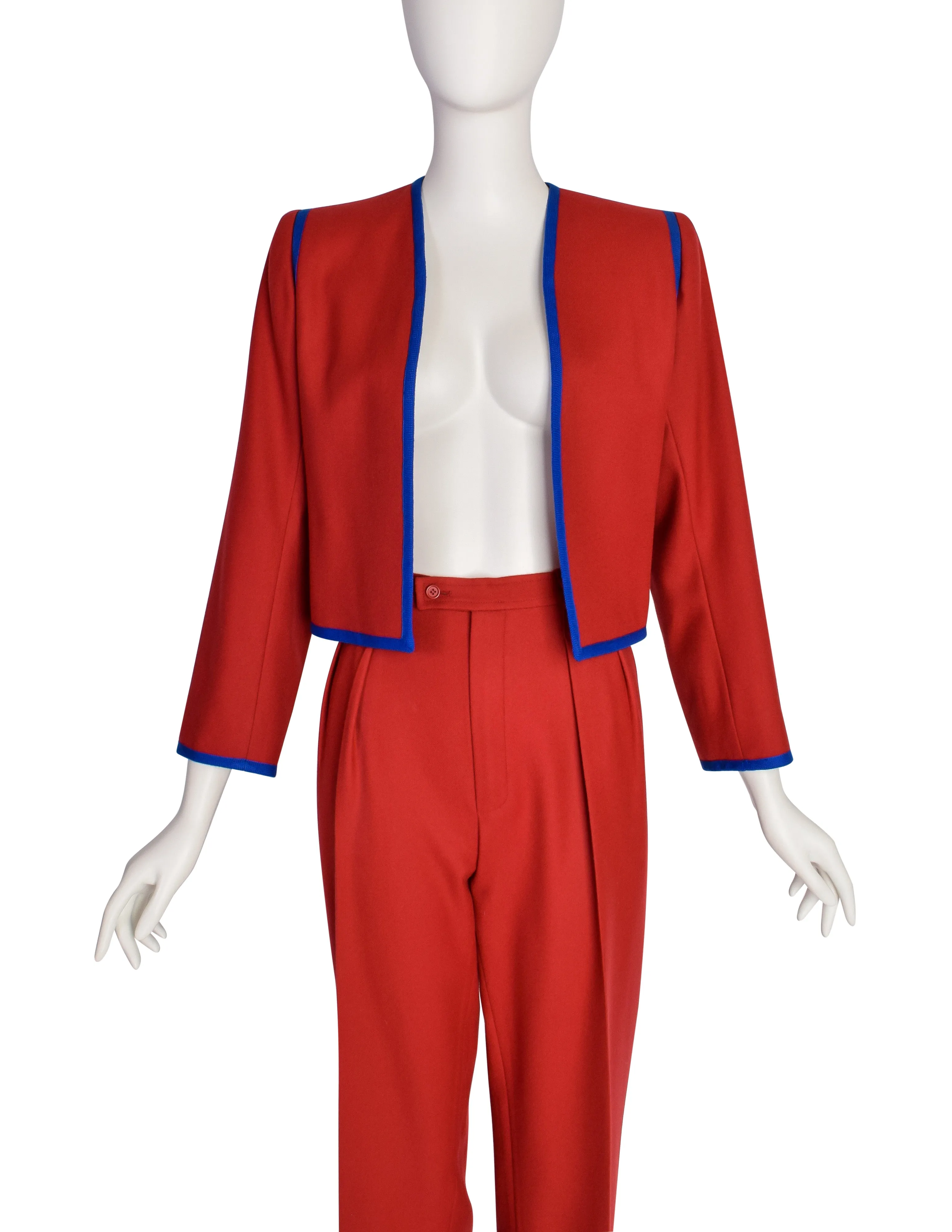 Yves Saint Laurent Vintage Red Wool Blue Trim Two Piece Cropped Jacket Pant Suit