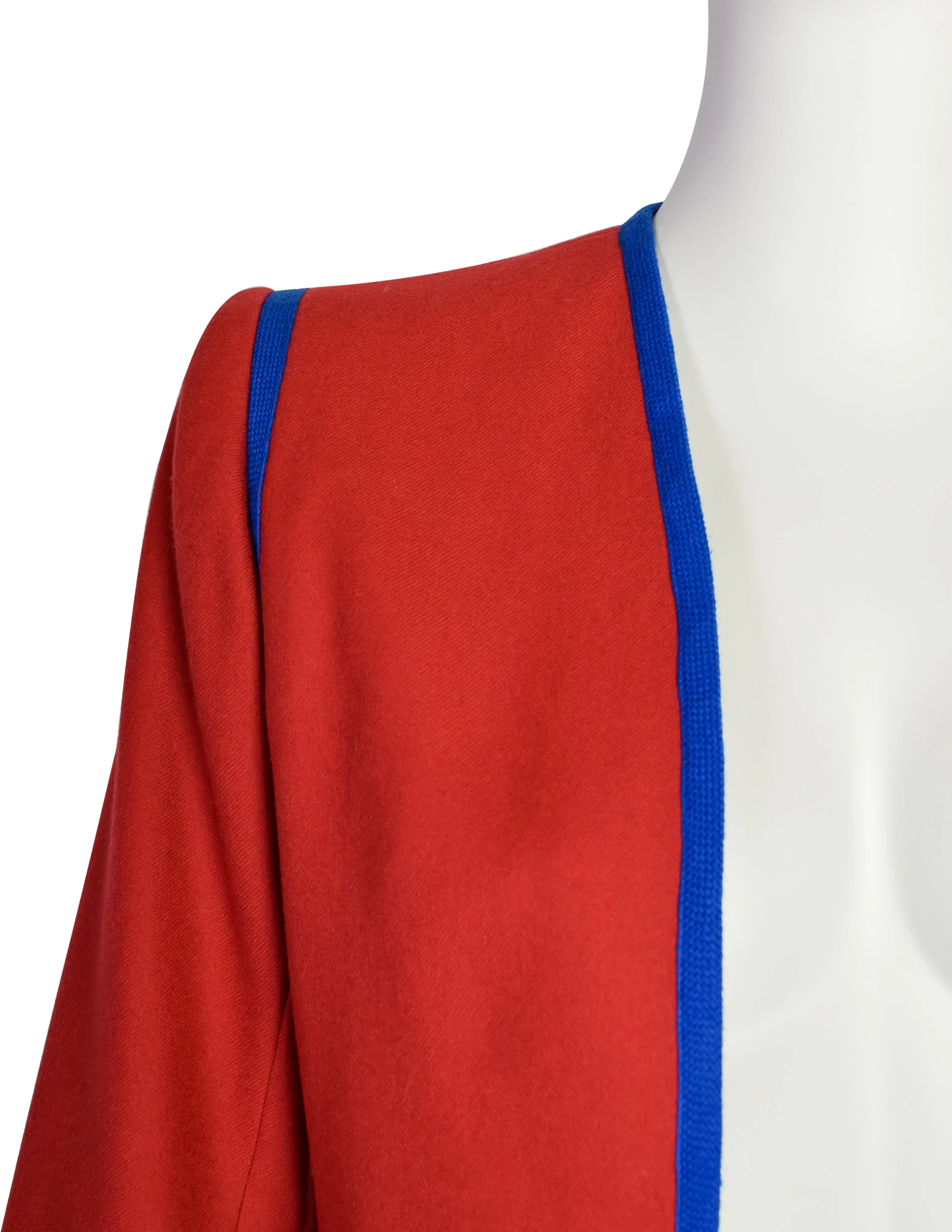 Yves Saint Laurent Vintage Red Wool Blue Trim Two Piece Cropped Jacket Pant Suit