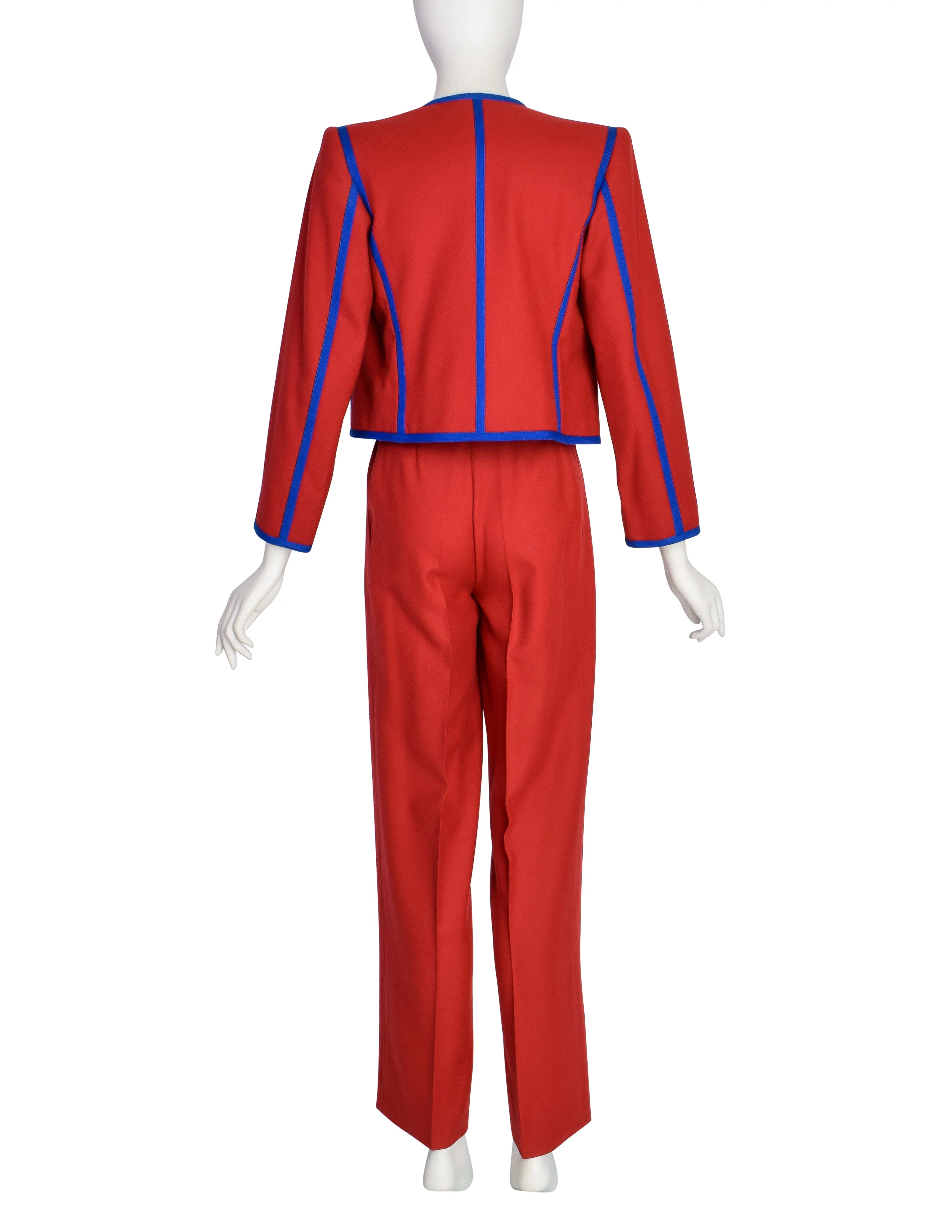 Yves Saint Laurent Vintage Red Wool Blue Trim Two Piece Cropped Jacket Pant Suit