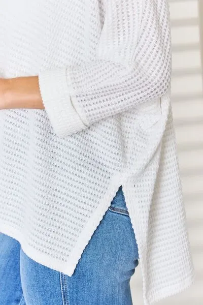 Zenana Waffle Knit V-Neck Long Sleeve Slit Top