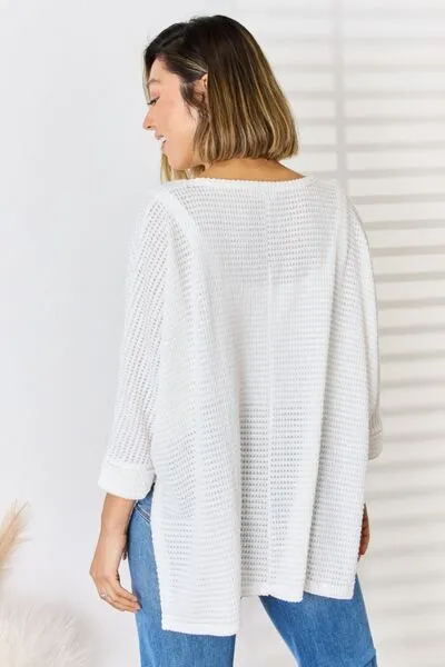 Zenana Waffle Knit V-Neck Long Sleeve Slit Top