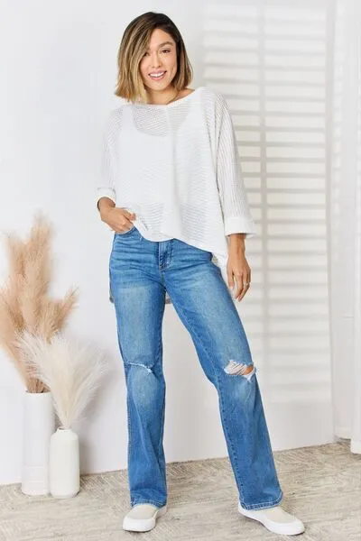 Zenana Waffle Knit V-Neck Long Sleeve Slit Top