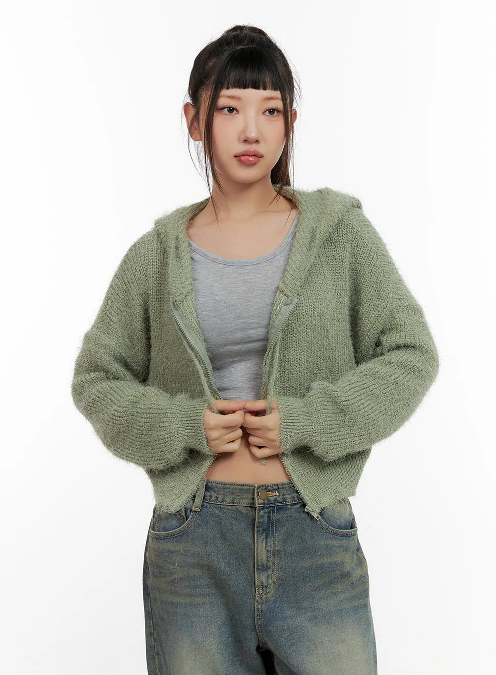 Zip-up Knit Hooded Cardigan CN401